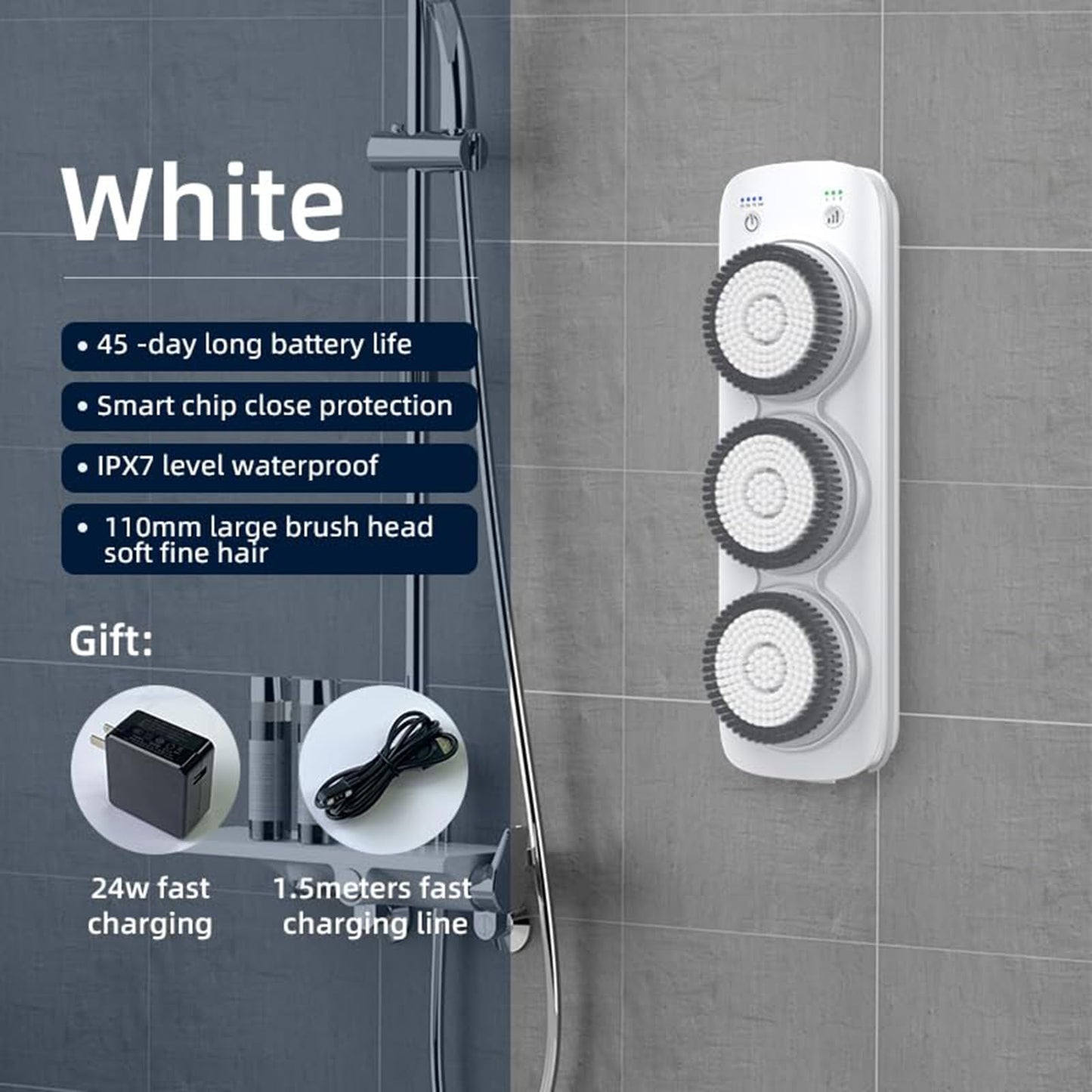 Electric Back Scrubber for Shower, Wall Mounted Electric Shower Back Scrubber, Dry Brushing Body Brush for Bathing, Cleansing, Exfoliating and Massaing, with 3 Spin Skin Bath Brush Heads